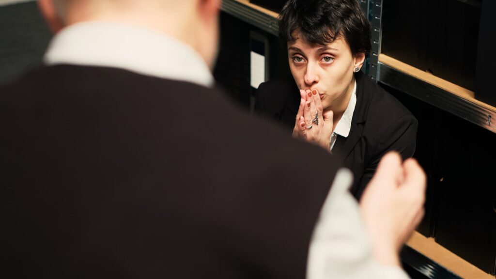 Woman being interviewed looking worried